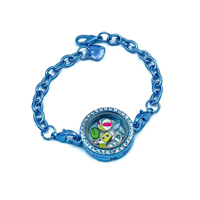 JE0081 Bracelets Glass Locket Bracelet Magnetic 25mm Metallic Blue Chain Link