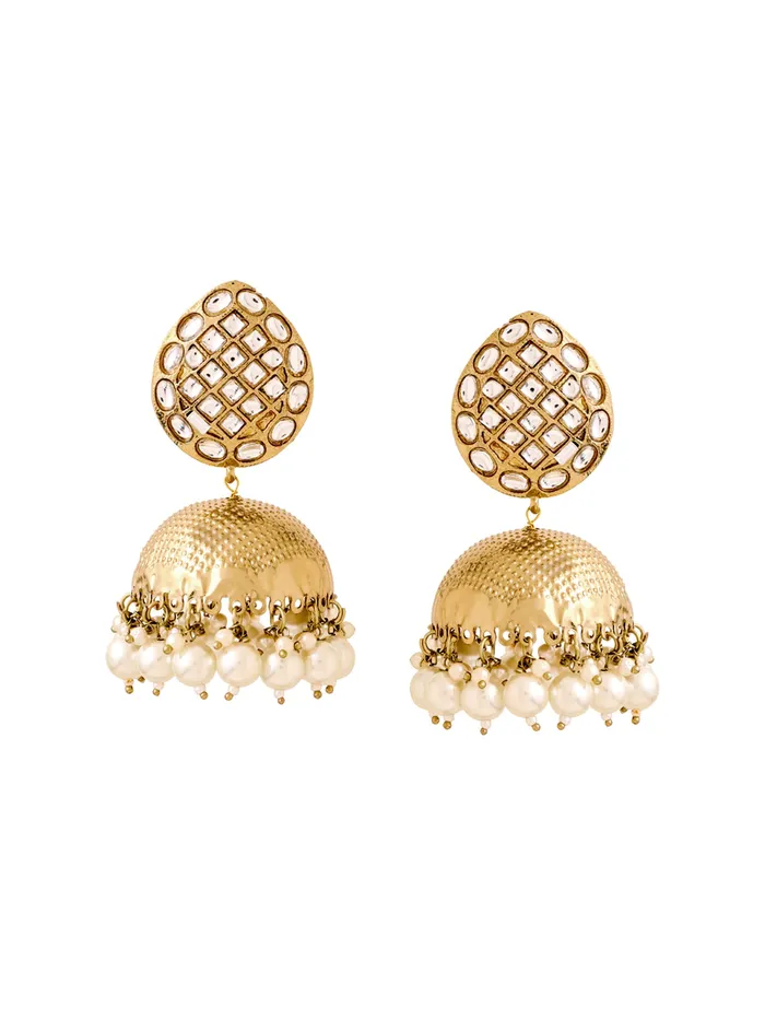 Jhumka Earrings Traditional Gold Plated with Pearls One Size Gold Yellow Chimes Earrings