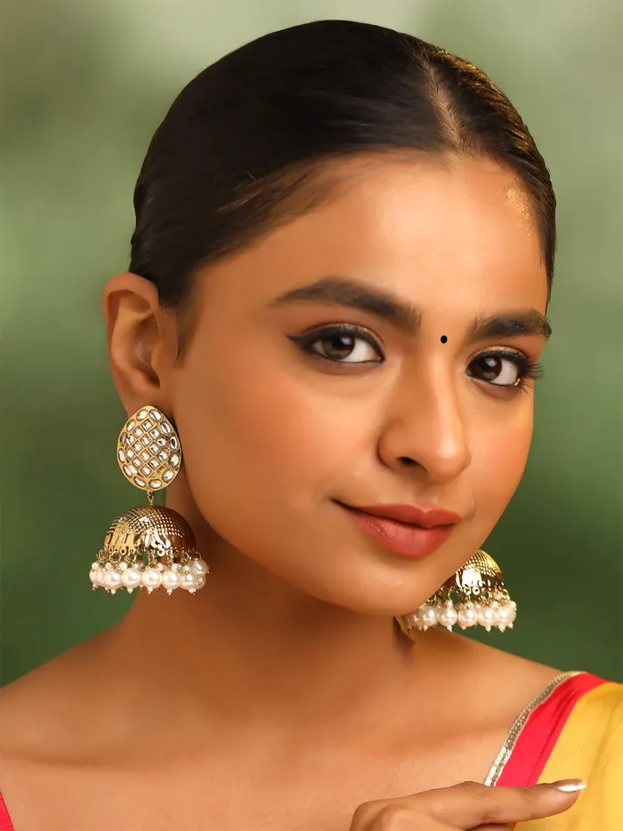 Jhumka Earrings Traditional Gold Plated with Pearls One Size Gold Yellow Chimes Earrings