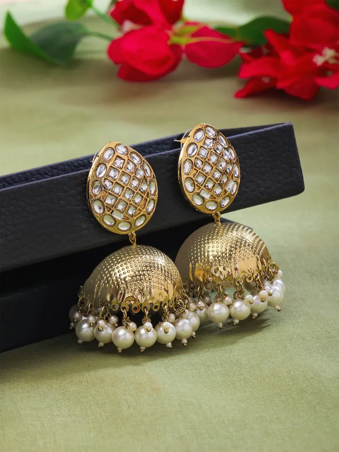 Jhumka Earrings Traditional Gold Plated with Pearls One Size Gold Yellow Chimes Earrings