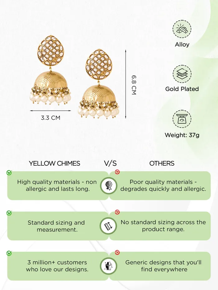 Jhumka Earrings Traditional Gold Plated with Pearls One Size Gold Yellow Chimes Earrings