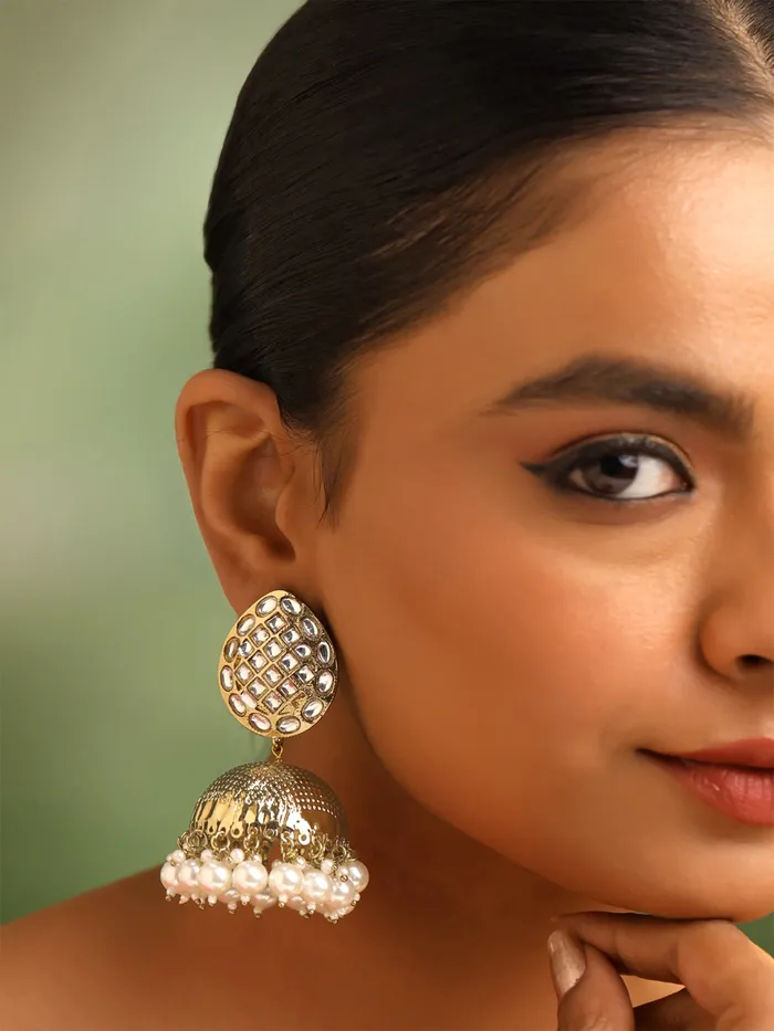 Jhumka Earrings Traditional Gold Plated with Pearls One Size Gold Yellow Chimes Earrings