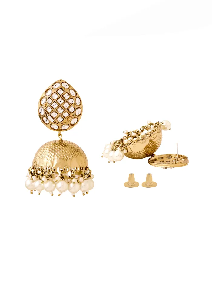Jhumka Earrings Traditional Gold Plated with Pearls One Size Gold Yellow Chimes Earrings