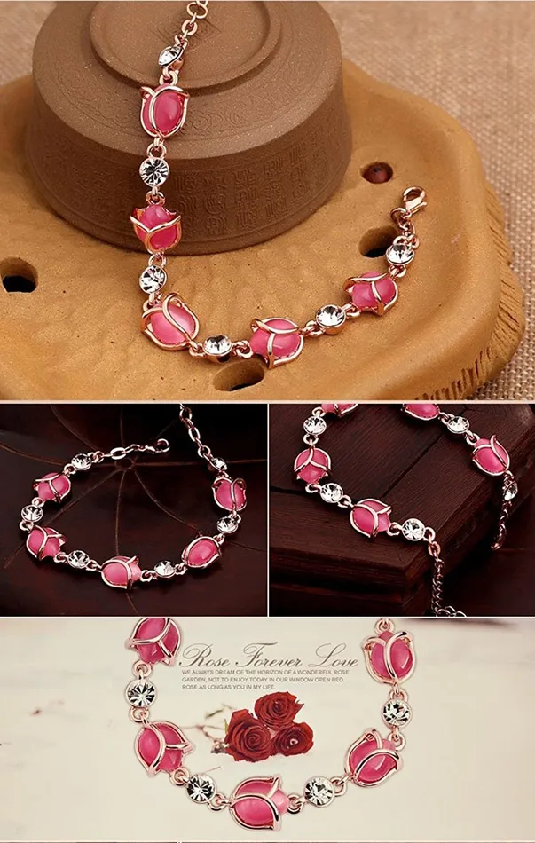 Kairangi Bracelets Kairangi Bracelet for Women and Girls Rose Gold Plated Rose Buds Opal Stone Chain Bracelet for Girls Birthday Gift for Girls and Women Anniversary Gift for Wife