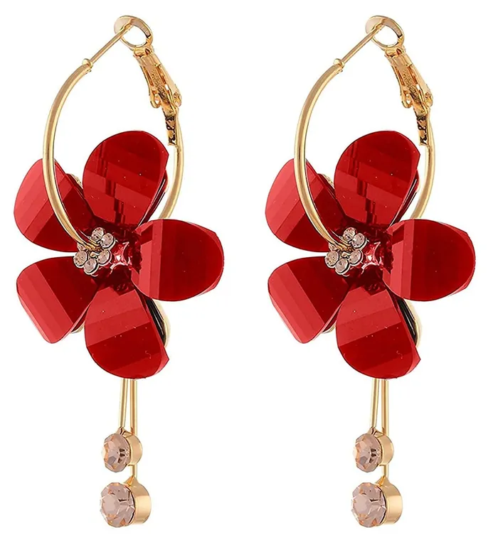 Kairangi Earrings Kairangi Earrings for Women and Girls Fashion Red Hoop and Dangler Earring Gold Plated Hoops Floral Shaped Western Earrings Birthday Gift for Girls and Women Anniversary Gift for Wife