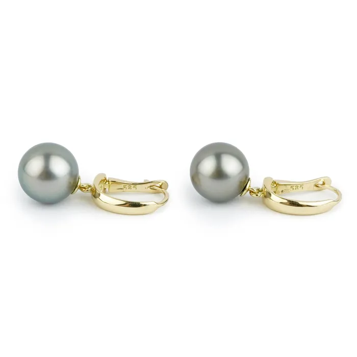 Light Silvery 107mm Tahitian Pearl LeverBack Earrings on 14K Yellow Gold Kamoka Pearl Earrings