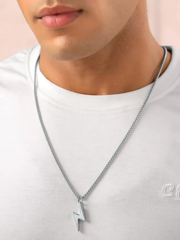 Lightning Bolt Pendant Necklace Stainless Steel Chain for Men 59cm Silver Yellow Chimes Bracelets