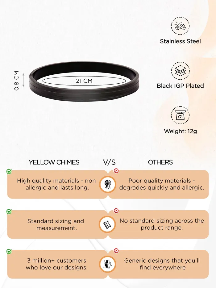 Mens Kada Bracelet Stylish Black Stainless Steel One Size Hand Accessories Yellow Chimes Rings