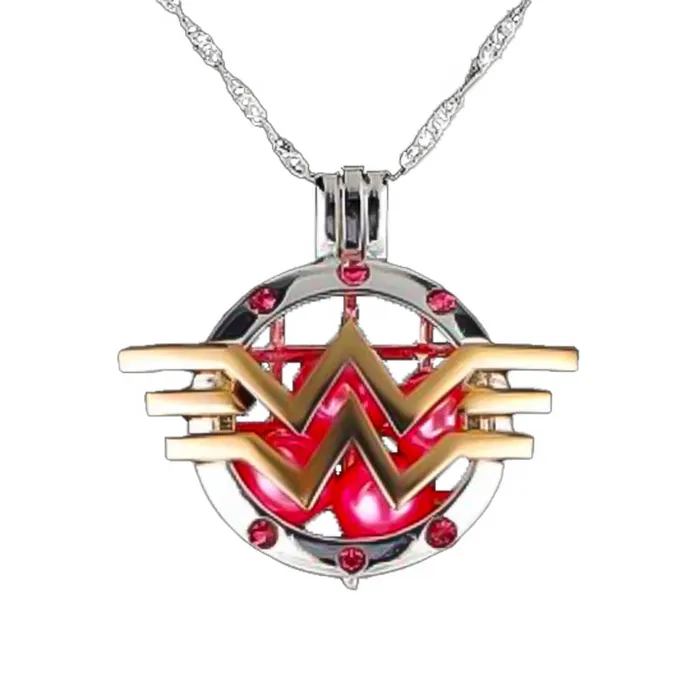 Necklaces CPSP222 Cage Pendant Silver Plated Wonder Woman 15 with Beads