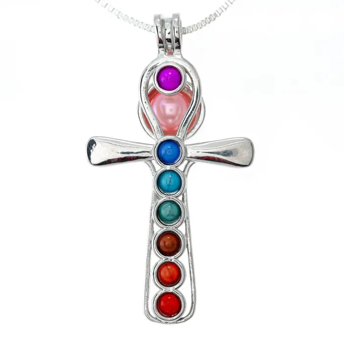 Necklaces CPSP257 Cage Pendant Silver Plated Cross with Embedded Beads