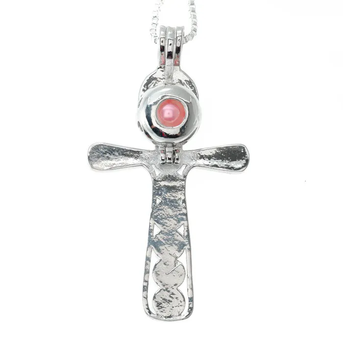 Necklaces CPSP257 Cage Pendant Silver Plated Cross with Embedded Beads