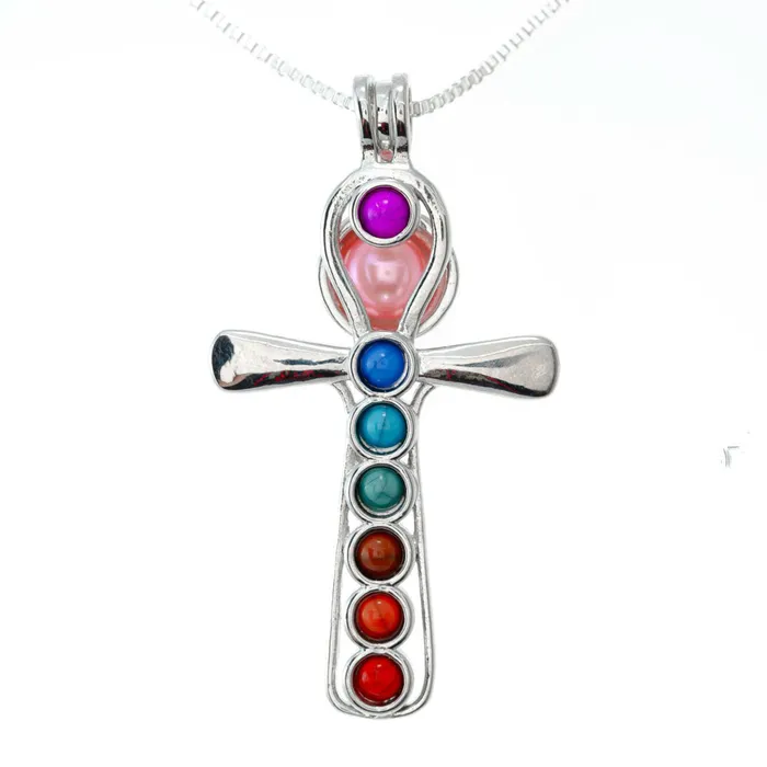 Necklaces CPSP257 Cage Pendant Silver Plated Cross with Embedded Beads