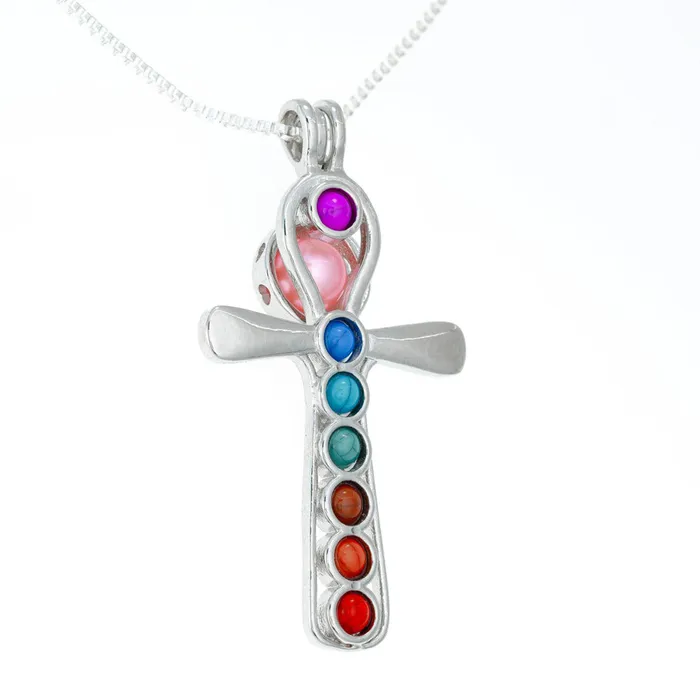 Necklaces CPSP257 Cage Pendant Silver Plated Cross with Embedded Beads