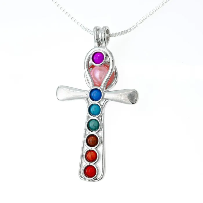 Necklaces CPSP257 Cage Pendant Silver Plated Cross with Embedded Beads