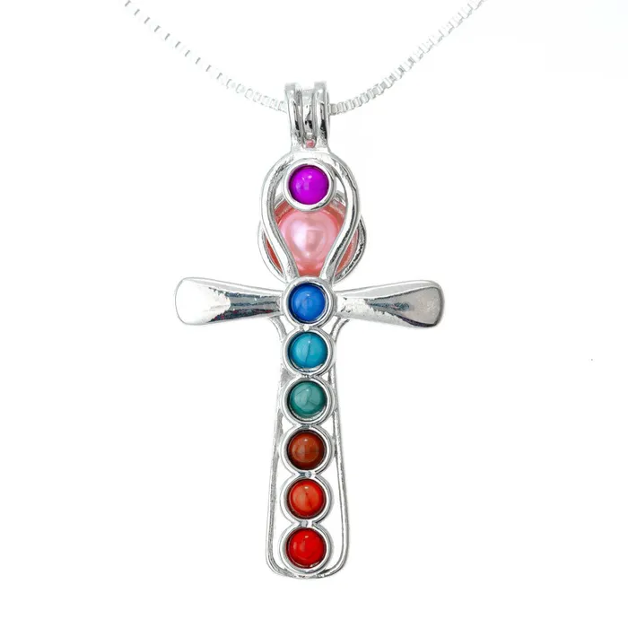 Necklaces CPSP257 Cage Pendant Silver Plated Cross with Embedded Beads