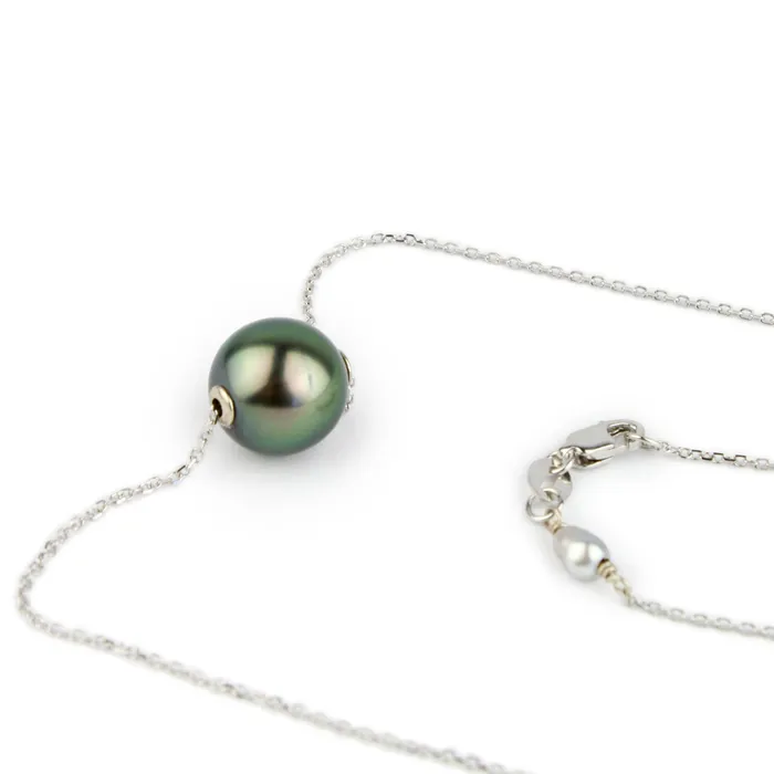 Necklaces Dark Peacock Green 10mm Tahitian Pearl Solitaire Necklace on 14K White Gold Kamoka Pearl