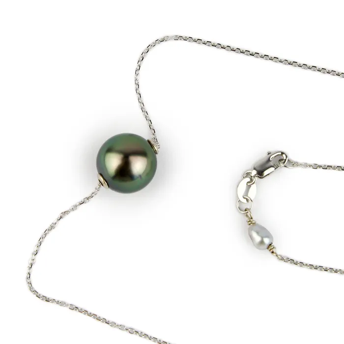Necklaces Dark Peacock Green 10mm Tahitian Pearl Solitaire Necklace on 14K White Gold Kamoka Pearl