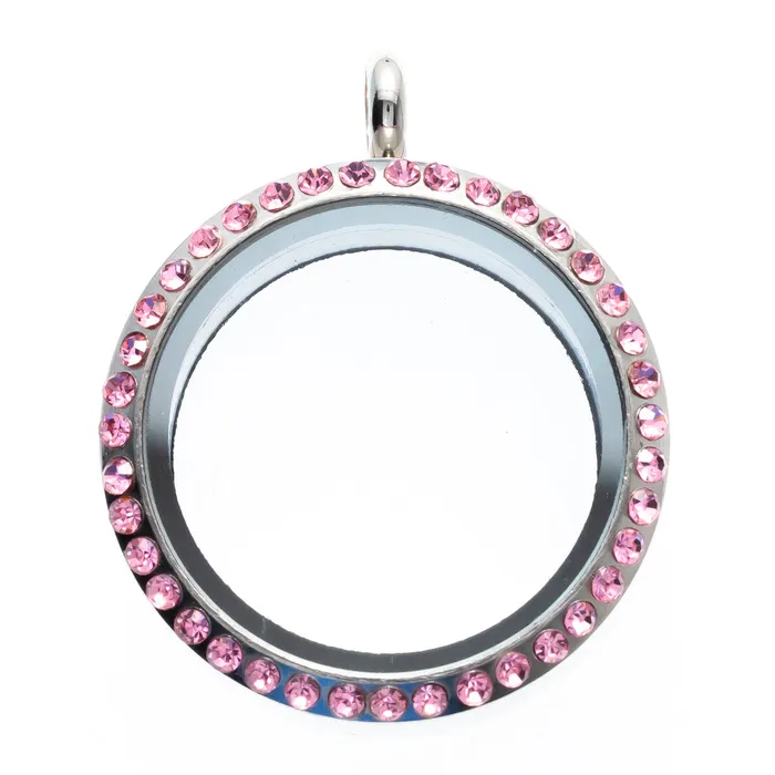 Necklaces JE0206 Glass Locket Pendant Twist Off 30mm Stainless Steel Round Pink Rhinestone