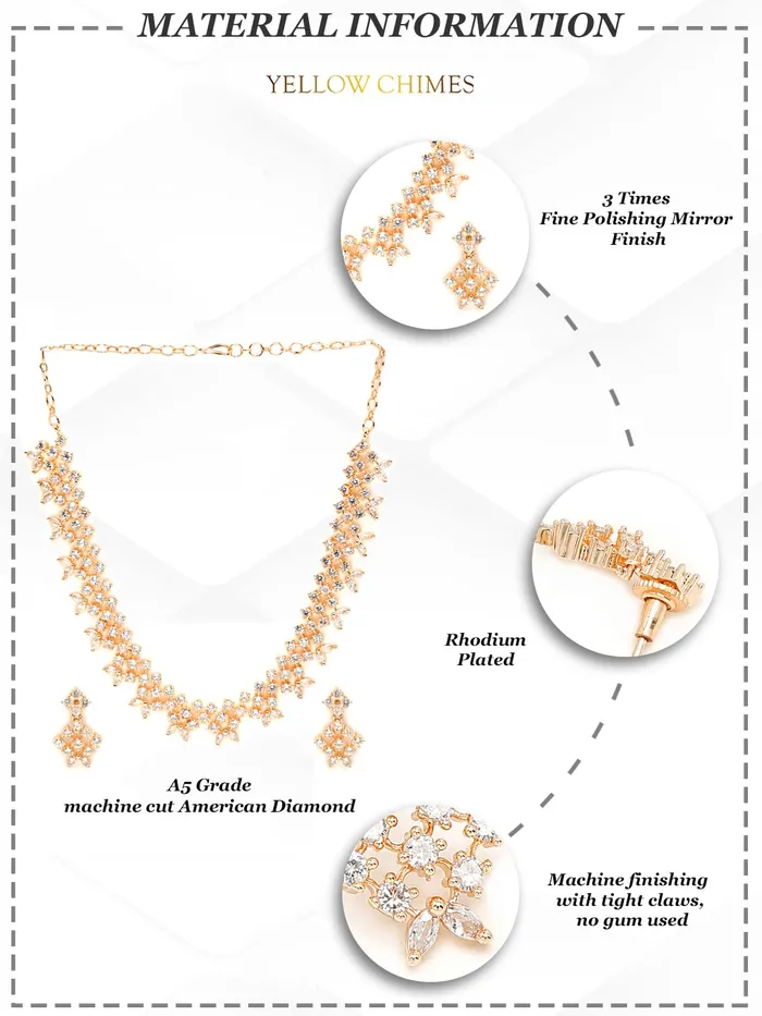 Necklaces Yellow Chimes American Diamond Jewellery Set for Women Rosegold Plated High Grade Authentic White AD Jewellery Necklace Set for Women and Girls Yellow Chimes