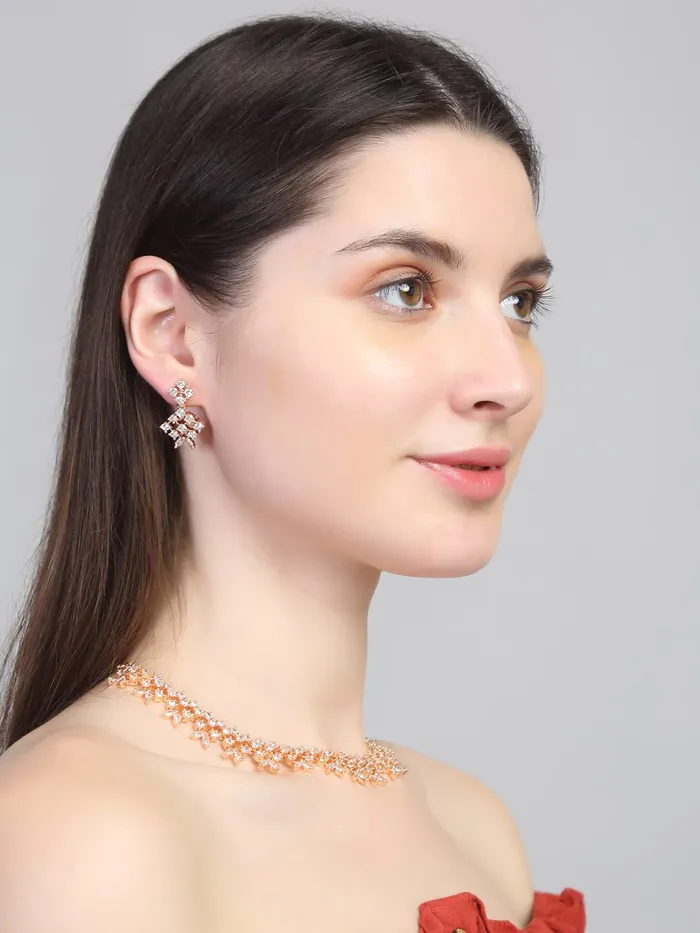 Necklaces Yellow Chimes American Diamond Jewellery Set for Women Rosegold Plated High Grade Authentic White AD Jewellery Necklace Set for Women and Girls Yellow Chimes