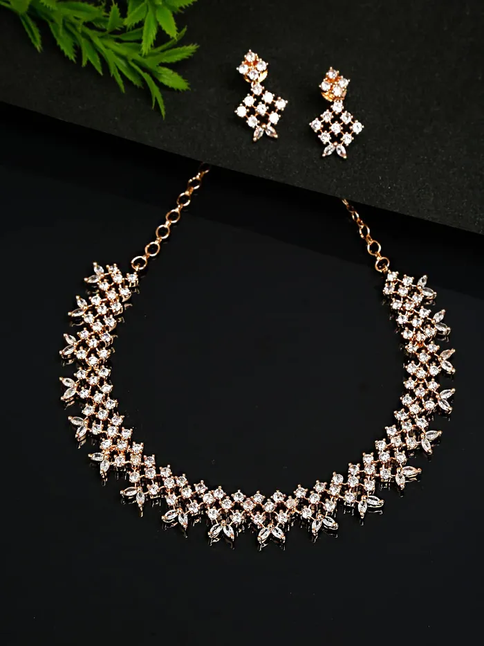 Necklaces Yellow Chimes American Diamond Jewellery Set for Women Rosegold Plated High Grade Authentic White AD Jewellery Necklace Set for Women and Girls Yellow Chimes