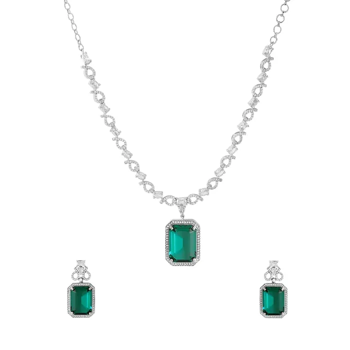 Necklaces Yellow Chimes American Diamond Jewellery Set Silver Tone Green Necklace Earrings Adjustable Bridal Necklaces Yellow Chimes American Diamond Jewellery Set Silver Tone Green Necklace Earrings Adjustable Bridal