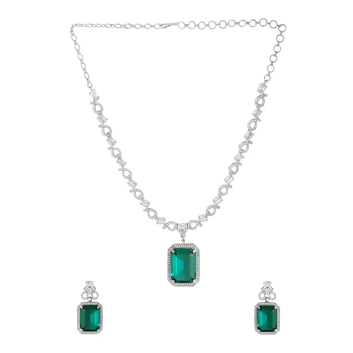 Necklaces Yellow Chimes American Diamond Jewellery Set Silver Tone Green Necklace Earrings Adjustable Bridal