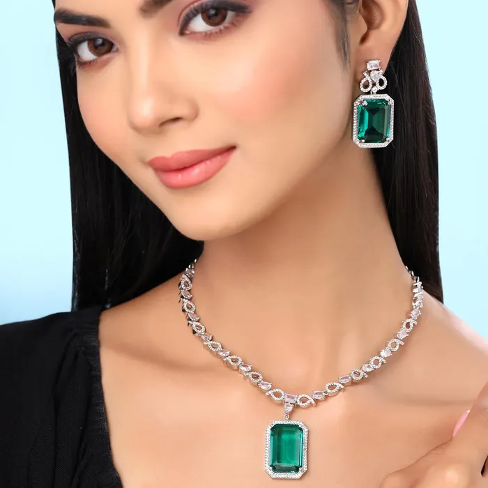 Necklaces Yellow Chimes American Diamond Jewellery Set Silver Tone Green Necklace Earrings Adjustable Bridal