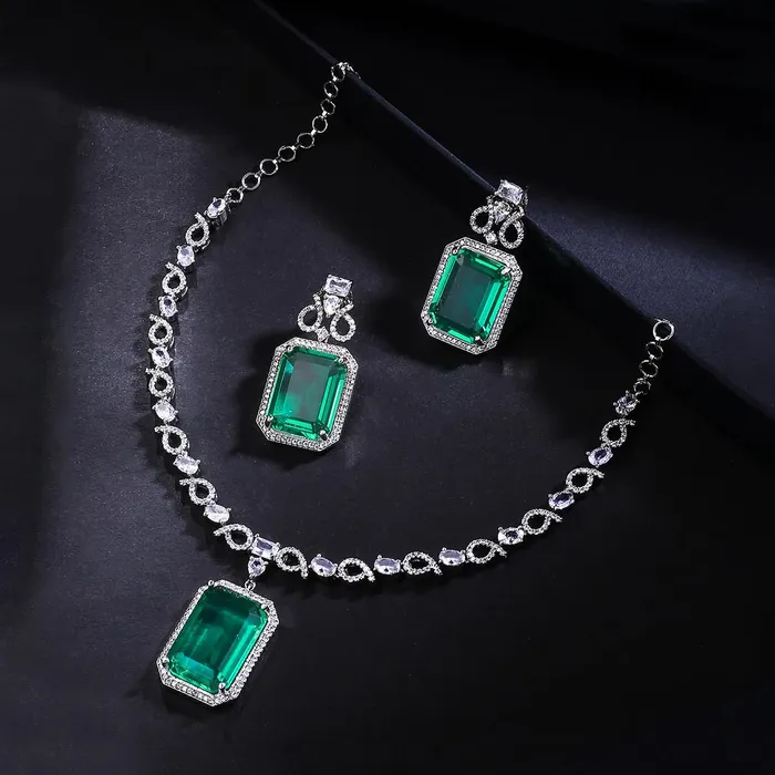 Necklaces Yellow Chimes American Diamond Jewellery Set Silver Tone Green Necklace Earrings Adjustable Bridal