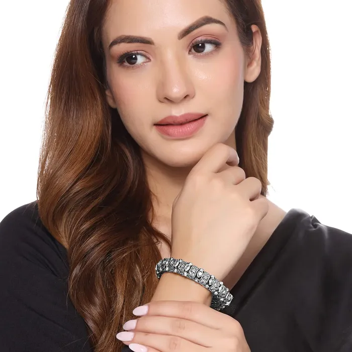 Necklaces Yellow Chimes Bracelet for Women Girls Silver Oxidised Cuff Kada Bracelets for Women Girls Stone Studded Hand Cuff Kada Bracelet Birthday Gift For Girls Women Anniversary Gift for Wife Yellow Chimes