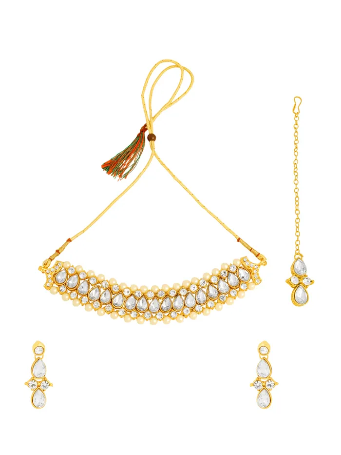 Necklaces Yellow Chimes Combo Elegant GoldPlated Kundan Choker Set with Earrings Maangtika One Size Golden Necklaces Yellow Chimes Combo Elegant GoldPlated Kundan Choker Set with Earrings Maangtika One Size Golden