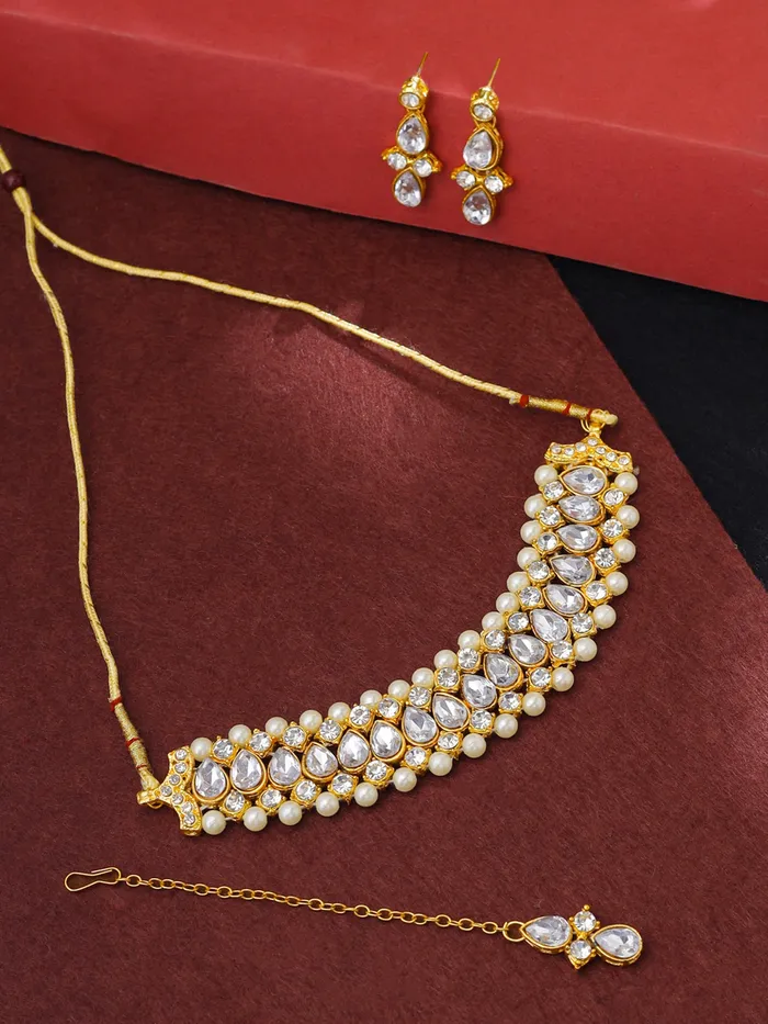 Necklaces Yellow Chimes Combo Elegant GoldPlated Kundan Choker Set with Earrings Maangtika One Size Golden