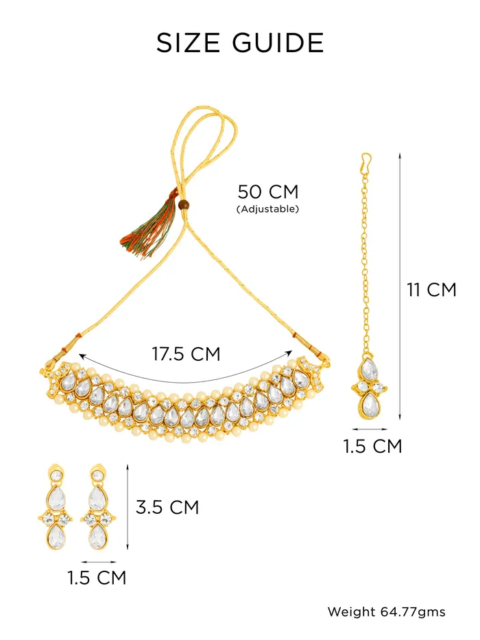 Necklaces Yellow Chimes Combo Elegant GoldPlated Kundan Choker Set with Earrings Maangtika One Size Golden