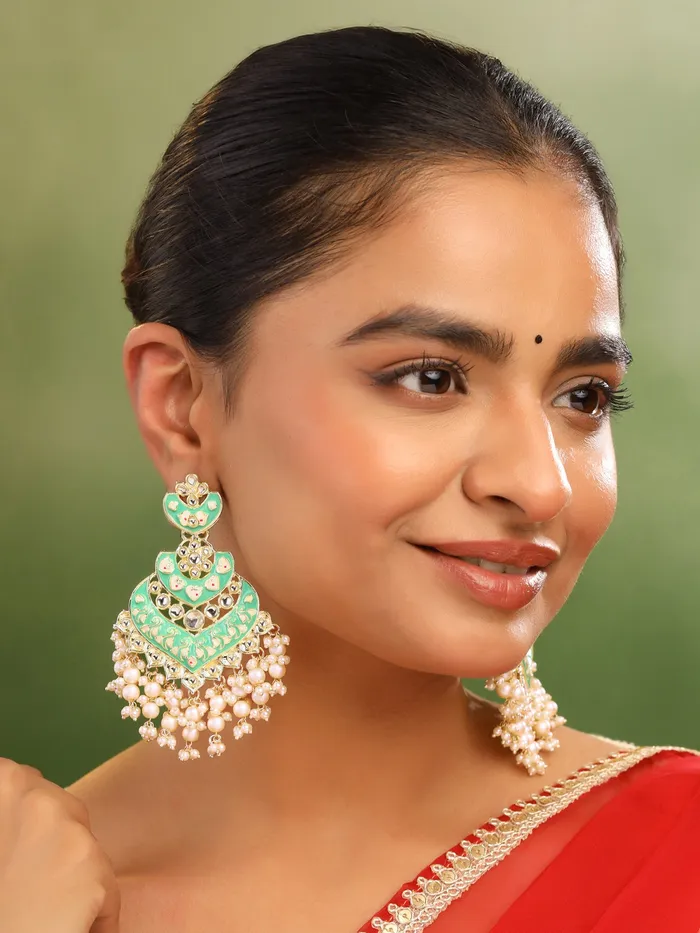 Necklaces Yellow Chimes Dangler Earrings Traditional Gold Plated Chandbali with Pearl One Size Gold