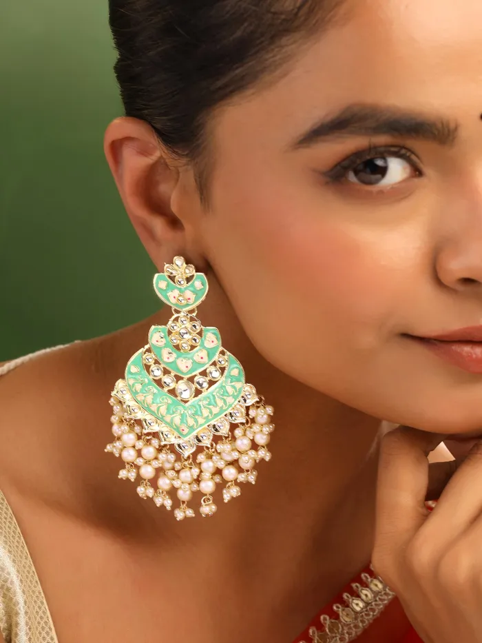 Necklaces Yellow Chimes Dangler Earrings Traditional Gold Plated Chandbali with Pearl One Size Gold