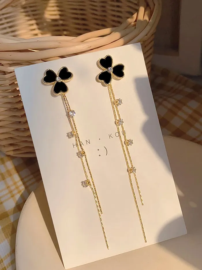 Necklaces Yellow Chimes Earrings For Women Gold Tone Black Triple Heart Shape With Linear Long Chain Dangle Earring For Women and Girls Yellow Chimes