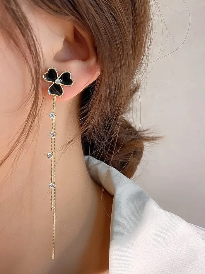 Necklaces Yellow Chimes Earrings For Women Gold Tone Black Triple Heart Shape With Linear Long Chain Dangle Earring For Women and Girls Yellow Chimes