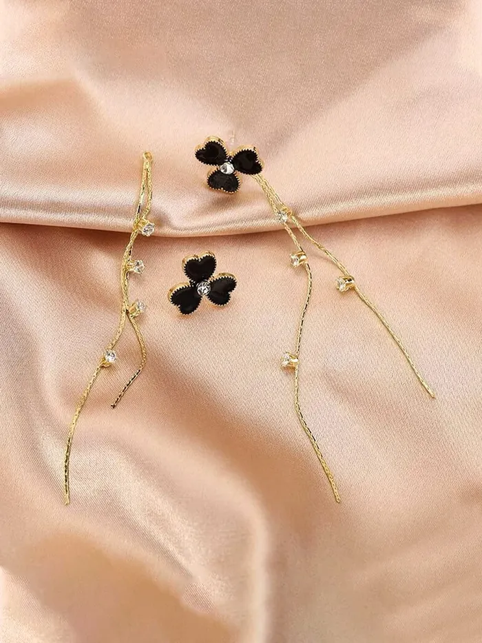 Necklaces Yellow Chimes Earrings For Women Gold Tone Black Triple Heart Shape With Linear Long Chain Dangle Earring For Women and Girls Yellow Chimes