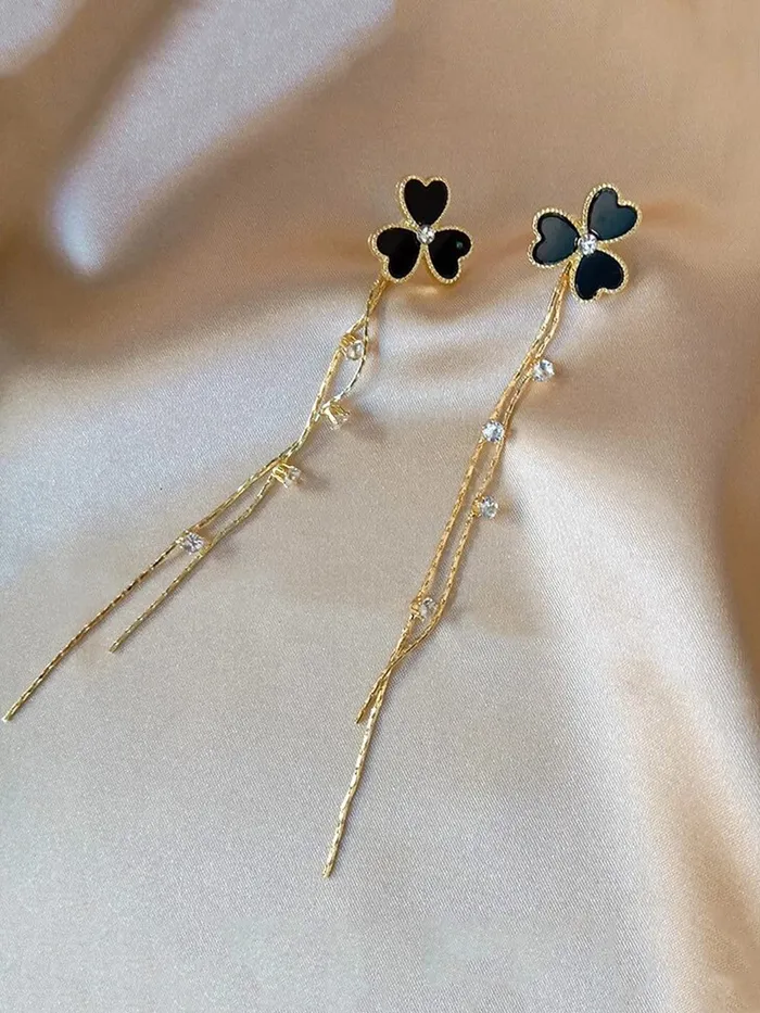 Necklaces Yellow Chimes Earrings For Women Gold Tone Black Triple Heart Shape With Linear Long Chain Dangle Earring For Women and Girls Yellow Chimes