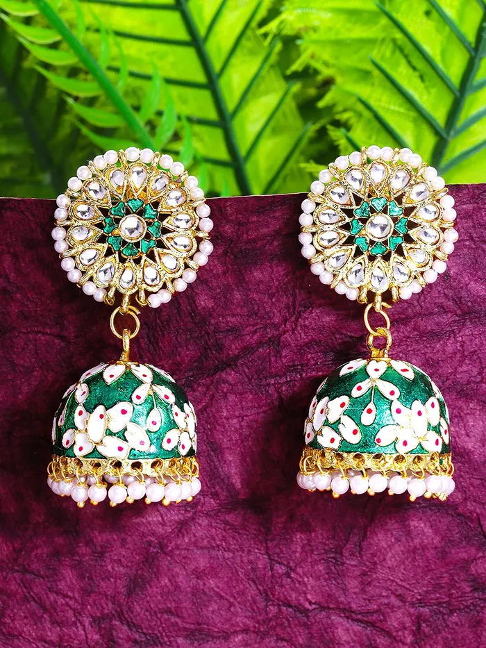 Necklaces Yellow Chimes Ethnic Gold Plated Traditional Meenakari Flower Design Chandbali Beads Dangler Earrings for Women and Girls Design 10 Yellow Chimes