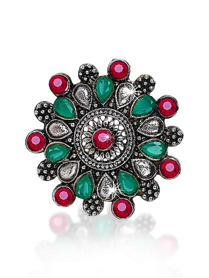 Necklaces Yellow Chimes Floral Charm Ruby Stones Silver Oxidized Traditional Adjustable Ring for Women Yellow Chimes Necklaces Yellow Chimes Floral Charm Ruby Stones Silver Oxidized Traditional Adjustable Ring for Women Yellow Chimes