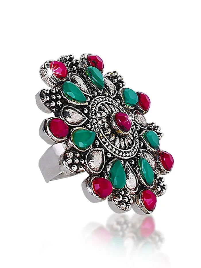 Necklaces Yellow Chimes Floral Charm Ruby Stones Silver Oxidized Traditional Adjustable Ring for Women Yellow Chimes