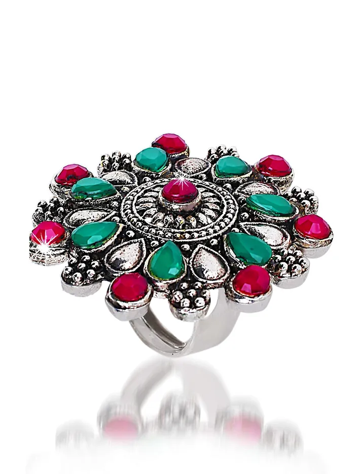 Necklaces Yellow Chimes Floral Charm Ruby Stones Silver Oxidized Traditional Adjustable Ring for Women Yellow Chimes