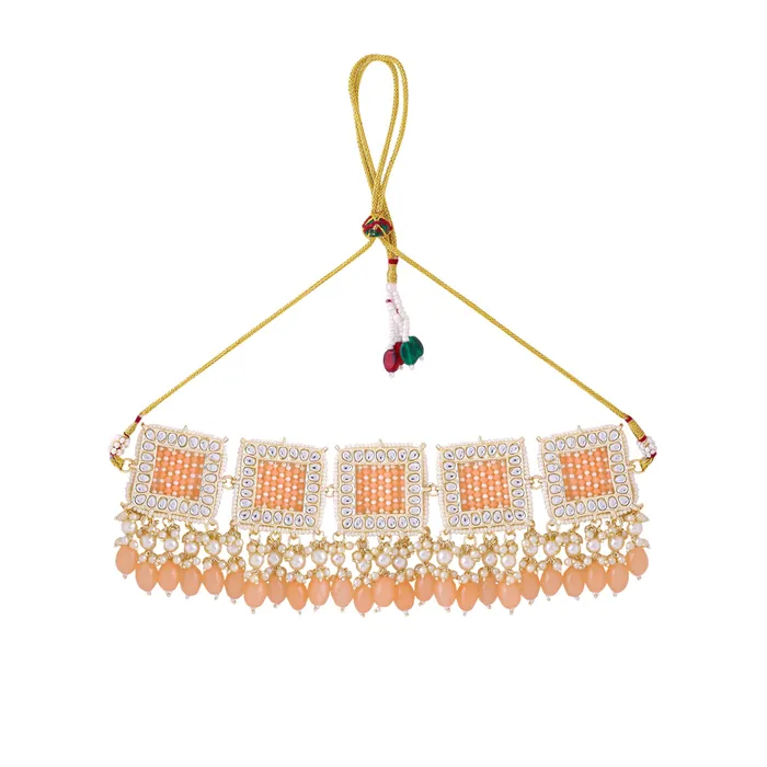 Necklaces Yellow Chimes Jewellery Set for Women and Girls Kundan Necklace Set Gold Plated Peach Beads Drop Kundan Choker Necklace Set Birthday Gift for girls and women Anniversary Gift for Wife Yellow Chimes
