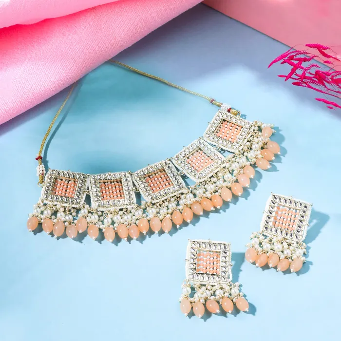 Necklaces Yellow Chimes Jewellery Set for Women and Girls Kundan Necklace Set Gold Plated Peach Beads Drop Kundan Choker Necklace Set Birthday Gift for girls and women Anniversary Gift for Wife Yellow Chimes