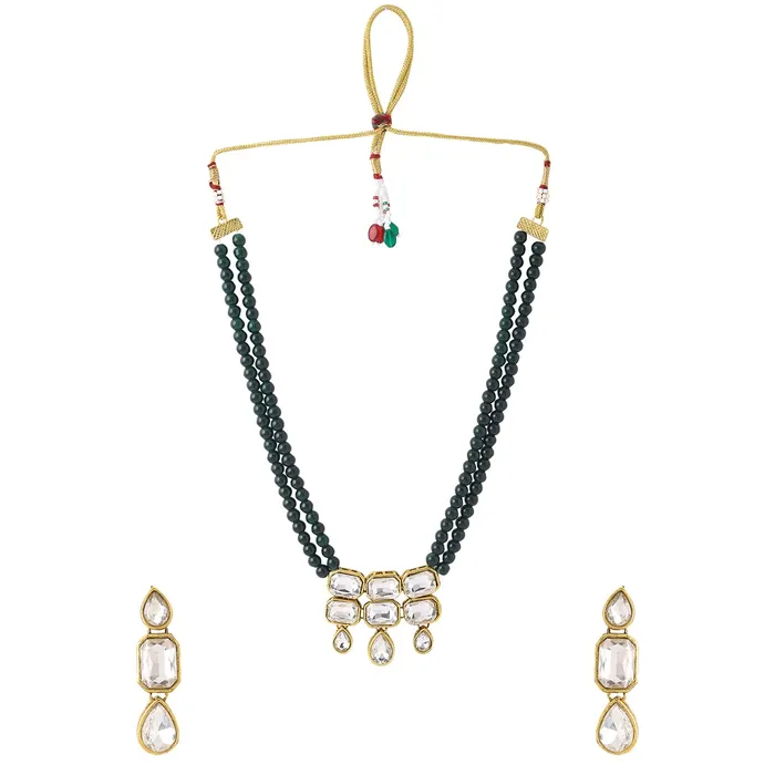 Necklaces Yellow Chimes Jewellery Set for Women and Girls Traditional Green Beads Kundans Necklaces Set Birthday Gift for girls and women Anniversary Gift for Wife Yellow Chimes