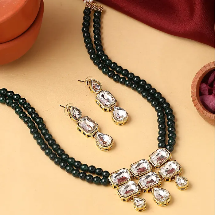 Necklaces Yellow Chimes Jewellery Set for Women and Girls Traditional Green Beads Kundans Necklaces Set Birthday Gift for girls and women Anniversary Gift for Wife Yellow Chimes