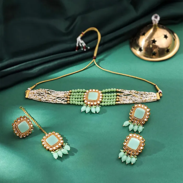 Necklaces Yellow Chimes Jewellery Set for Women Traditional Green Beads Choker Necklace Set Ethnic Gold Plated Choker Set for Girls Birthday Gift for Girls Women Anniversary Gift for Wife Yellow Chimes