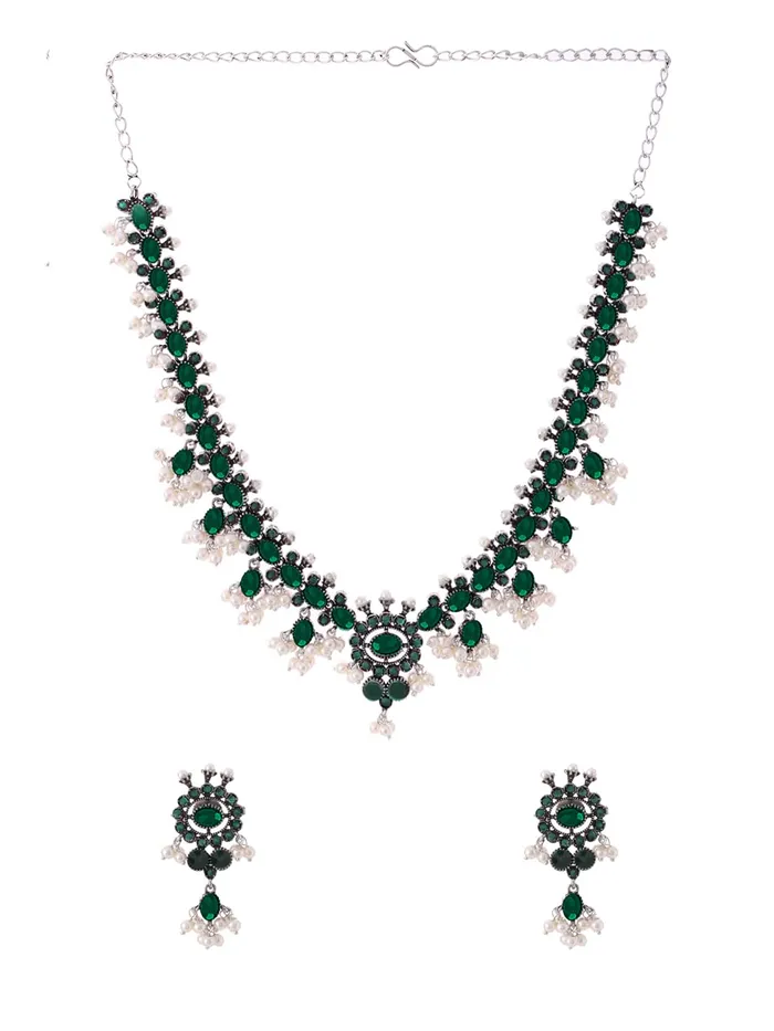 Necklaces Yellow Chimes Oxidised Jewellery Set for Women Silver Oxidised Green Studded Stones Choker Necklace Set for Women and Girls Yellow Chimes