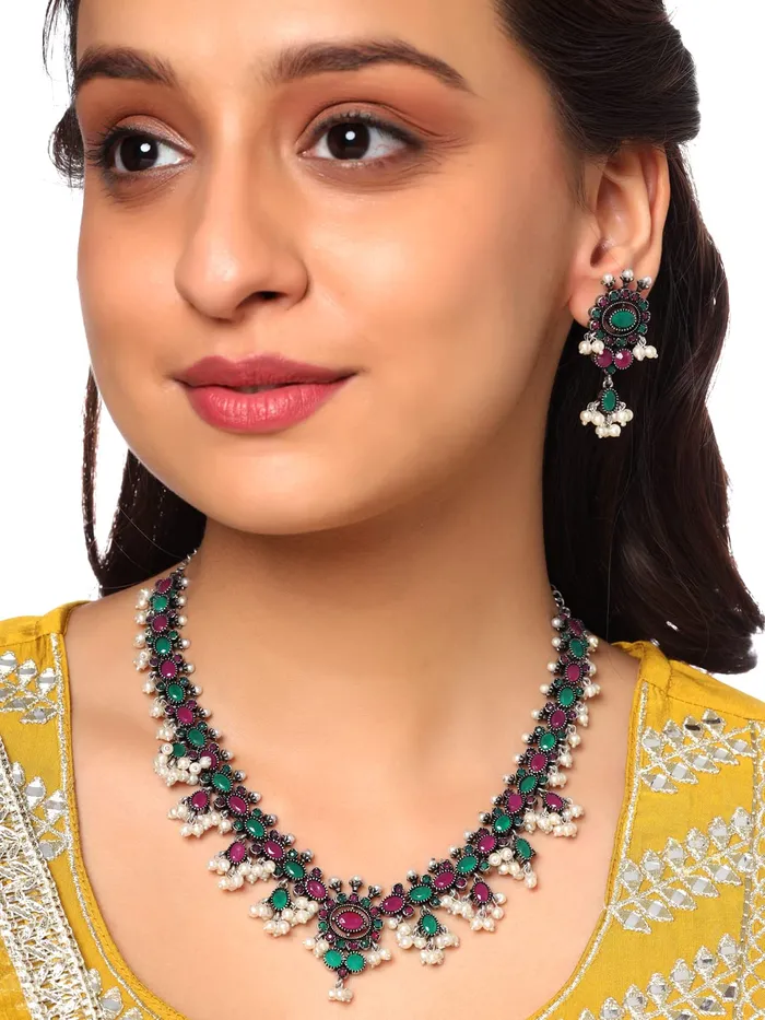 Necklaces Yellow Chimes Oxidised Jewellery Set for Women Silver Oxidised Green Studded Stones Choker Necklace Set for Women and Girls Yellow Chimes